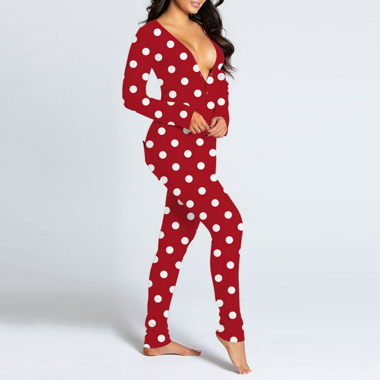 purcolt Womens Sexy Print Onesies Butt Flap Pajamas Ladies Deep V Neck Long  Sleeve Button-down Front Functional Jumpsuit Sleepwear Autumn Winter Plus  Size Rompers Bodycon Nightwear(Red,XXXL) 