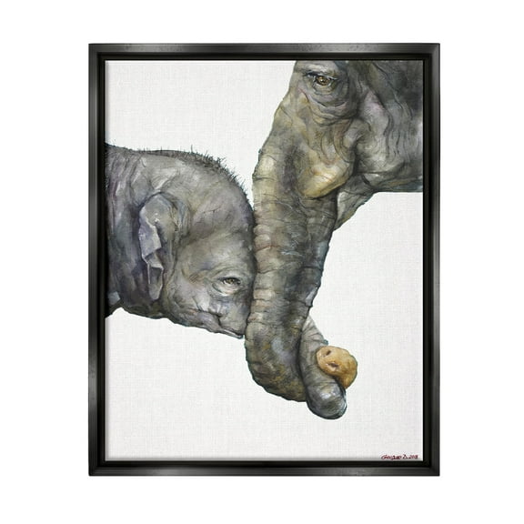 Stupell Industries Cute Baby Elephant Family Animal Watercolor Painting Jet Black Framed Floating Canvas Wall Art, 16x20, by George Dyachenko