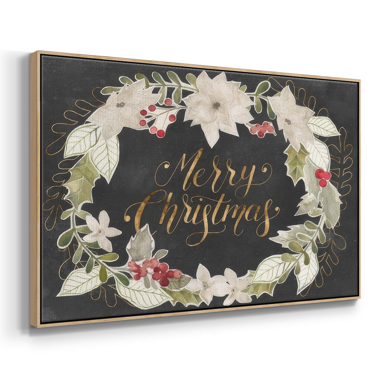 Gilded Christmas Collection A - Framed Gallery Wrapped Holiday Canvas - 17 x 25 - Natural Wood Frame