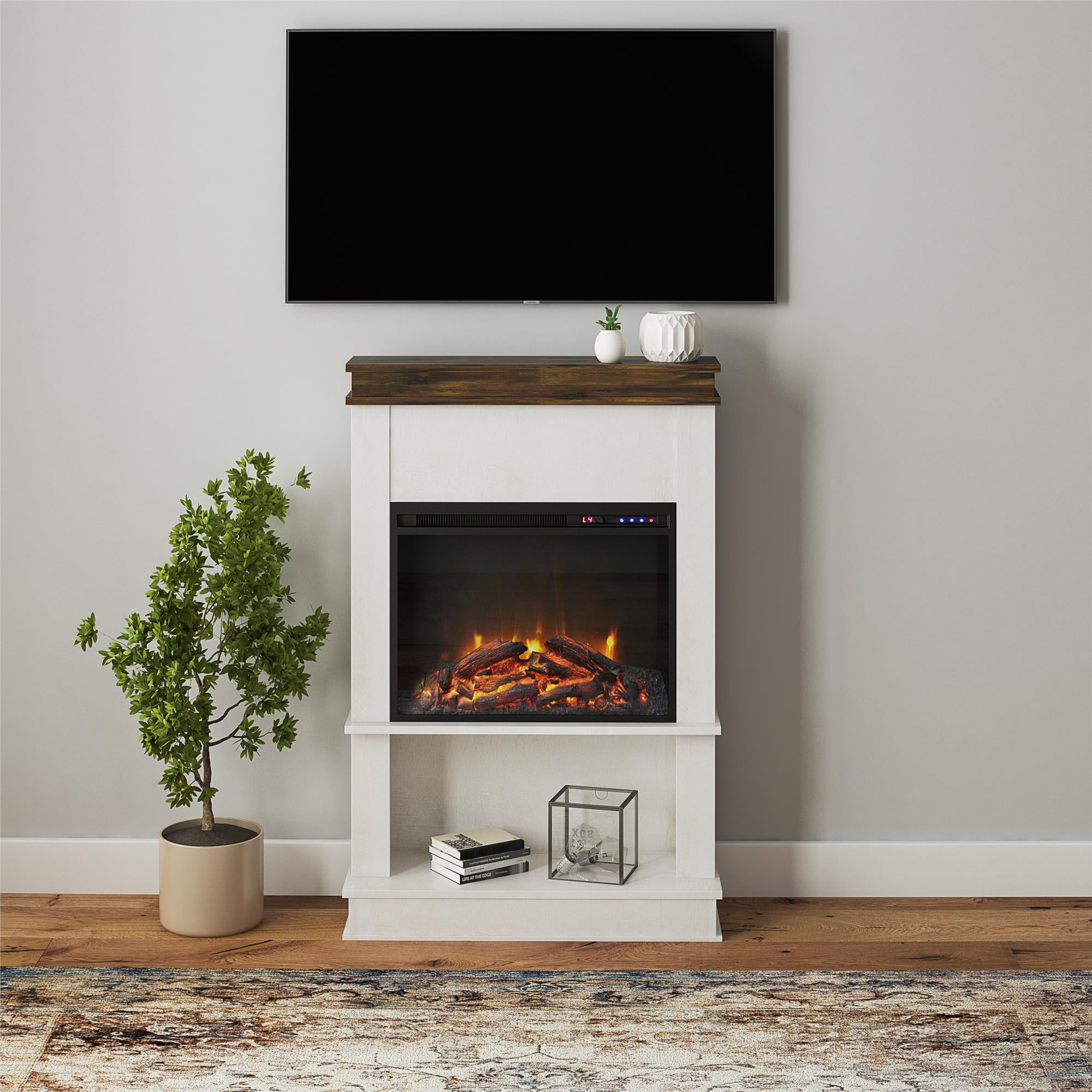 Mateo Electric Fireplace with Mantel and Open Shelf, Ivory Oak with Rustic