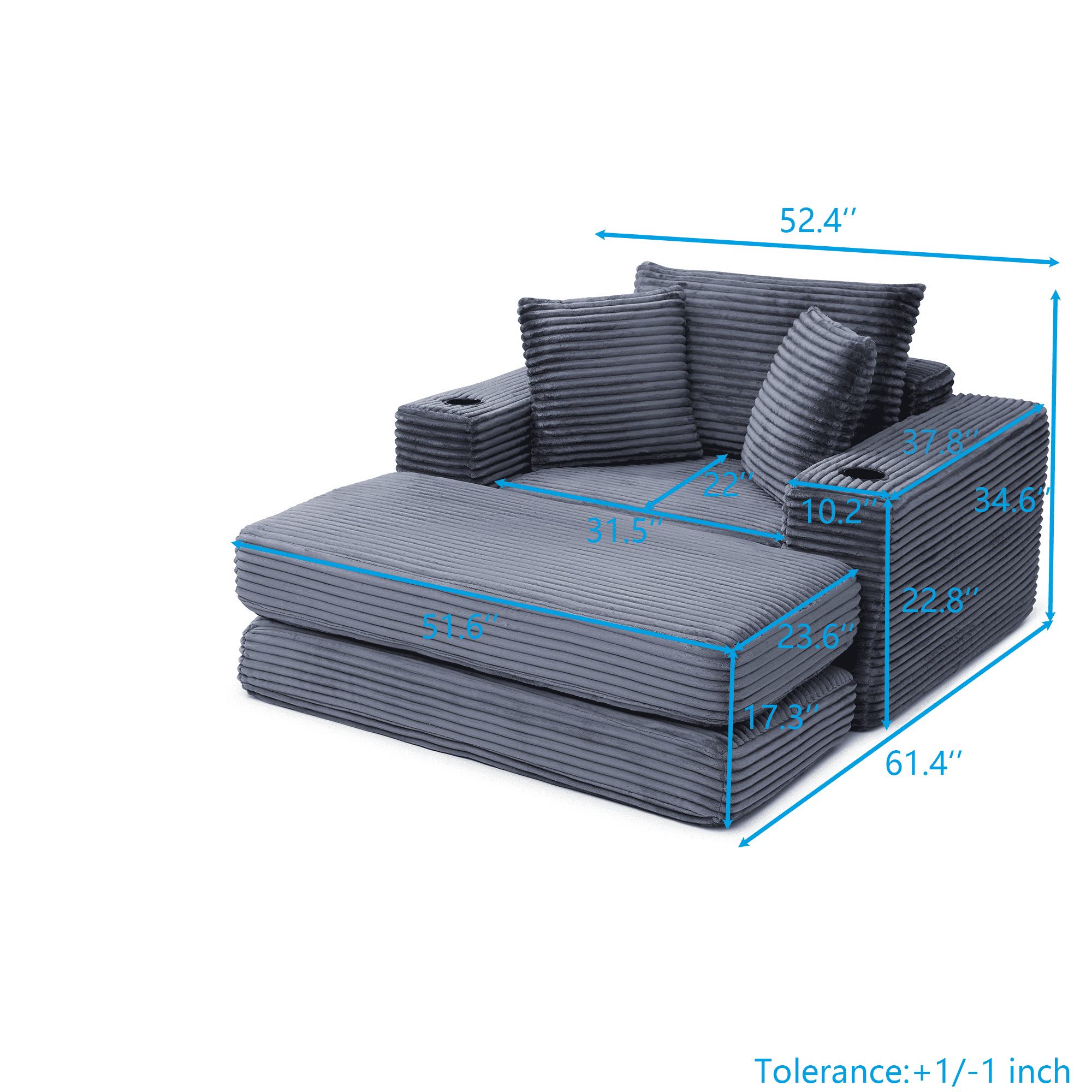 Miniyam 52" x 61" Complete Sleeper Set with Ottoman – Plush High-Density Foam, 3-in-1 Function (Bed, Lounge, Chair), Cup Holders (Grey)