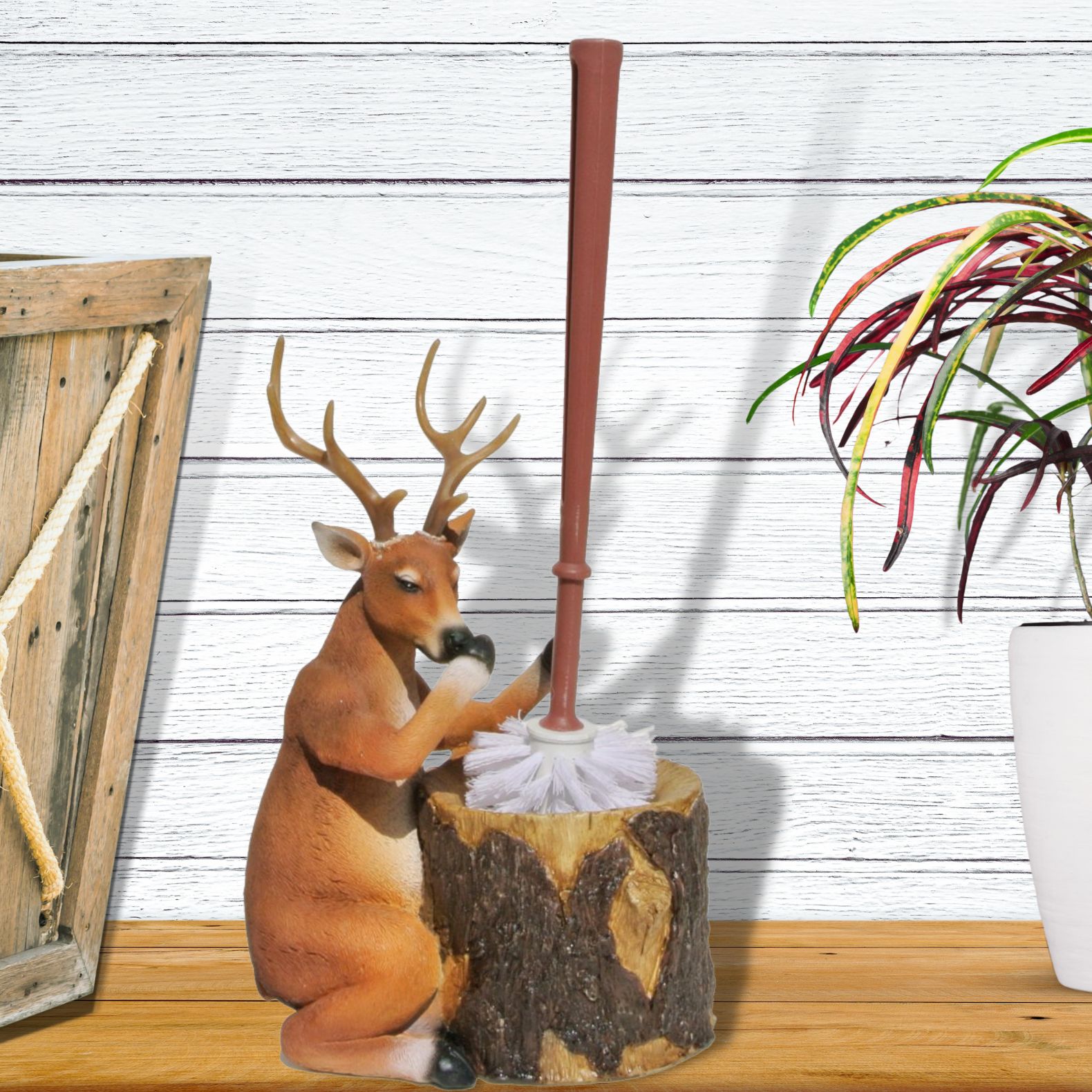 Stinky Deer Resin Toilet Brush Holder Set Rustic Lodge Cabin Bathroom Decor