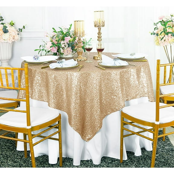 Wedding Linens Inc. 72" x72" Square Sequin Table Overlay Toppers Tablecloth - Champagne