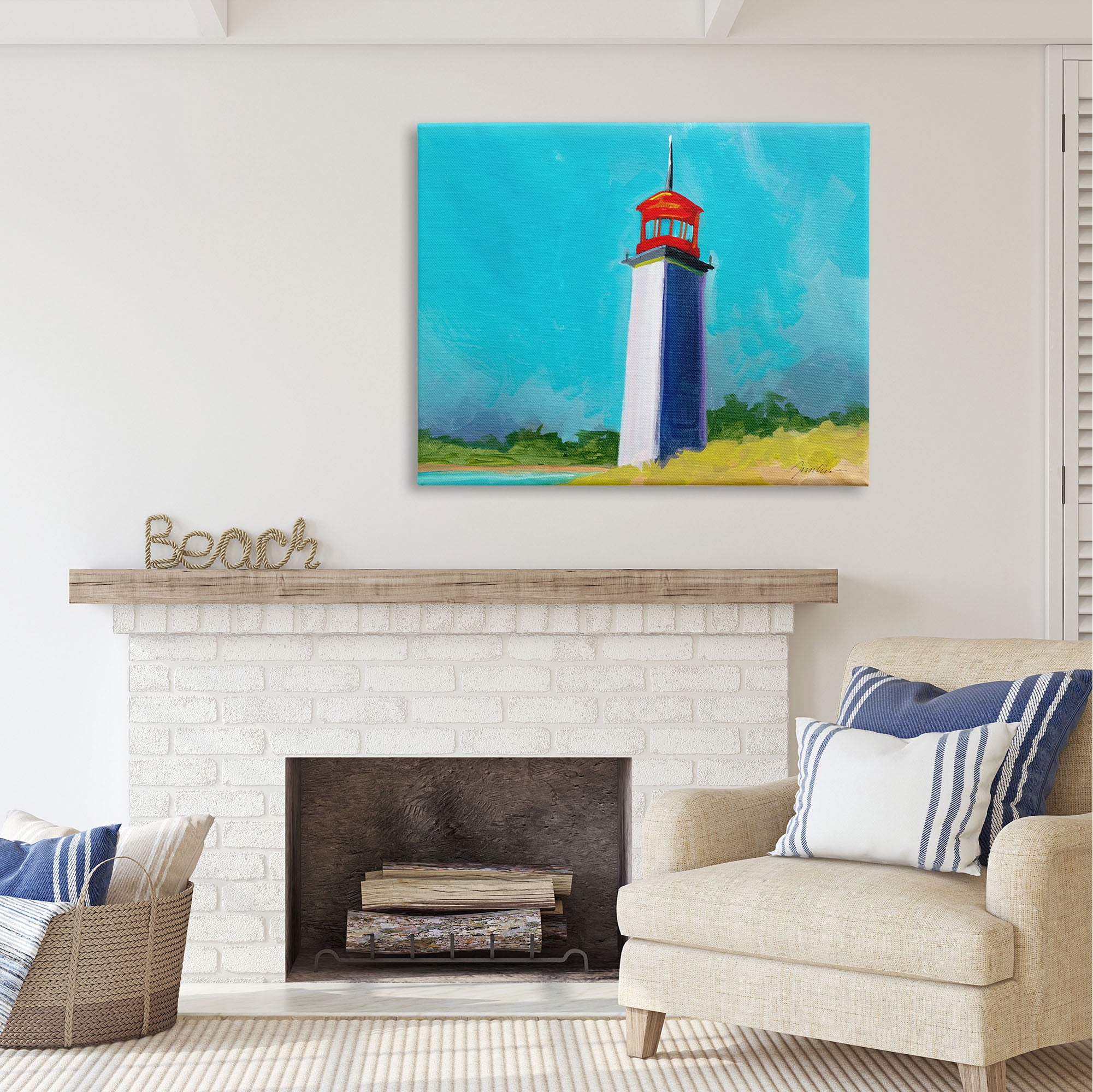 Stupell Industries Vivid Blue Lighthouse Nature Painting Gallery Wrapped Canvas Print Wall Art, 48 x 36