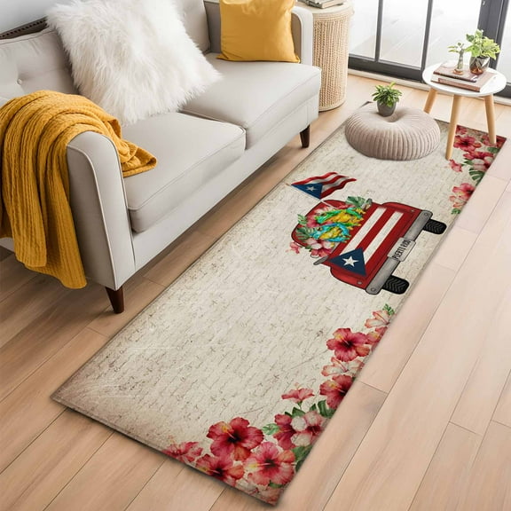 Puerto Rican Flag Kitchen Runner Rug 2x6 Washable Runners for Hallway Non Slip Vintage Country Truck Flowers Beige Large Area Rug Indoor Floor Carpet for Bathroom Laundry Entryway Bedroom Living Room