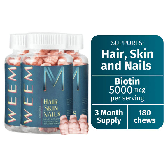 WEEM-  3 Bottles of Hair, Skin & Nails Gummies, Gluten Free, Vegan, Cruelty-free