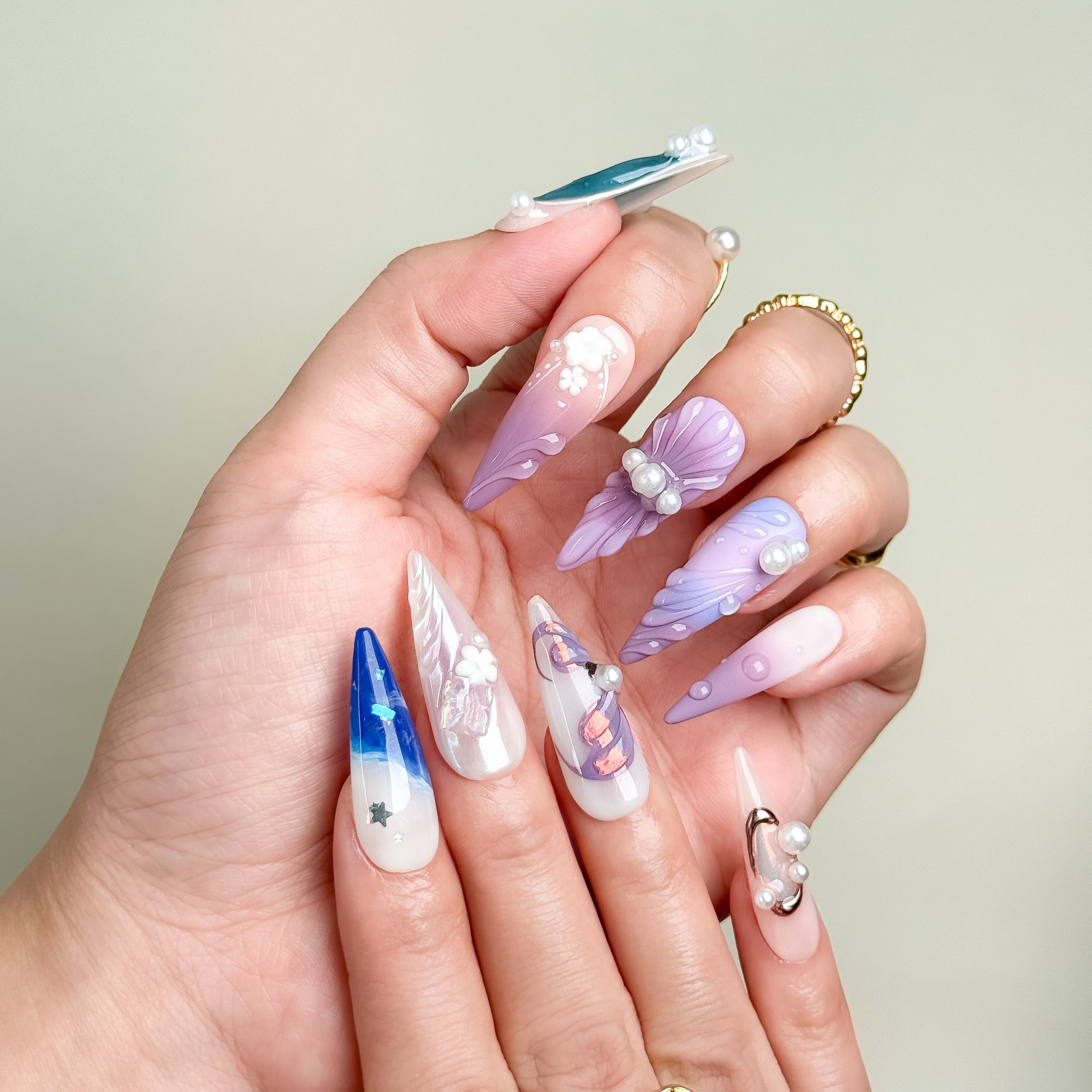 Nail Fairy Mermaid Dream Press-On Nails – Long Stiletto 3D Pearl & Shell Nail Set with Free Tool Kit