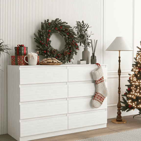 Spaco 8 Chest of Drawers, Multipurpose Minimalist Style 8 Drawer Dresser, Wooden Dressers for Bedroom, Living Room, Hallway, White