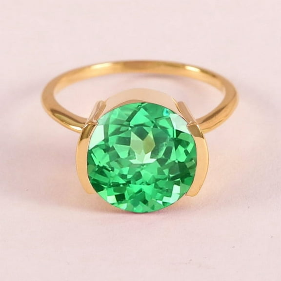 Round Green Sapphire Ring, 925 Sterling Silver Ring, Half Bezel Set Ring, Anniversary Ring, Cubic Zirconia Ruby Vintage Ring.