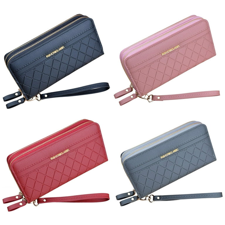 Women Leather Long Wallets Double Zipper Purse Big Fashion Wristlet  Wallet,Pink