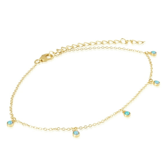 Sterling Silver 18K Gold Plated Synthetic Opal Bezel Dangle Station Anklet