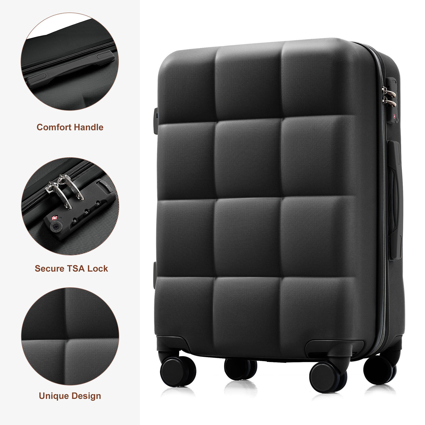 CQSXDA ABS Travel Luggage Set of 3 Airline Certified Carry-on Luggage with Cup Holder Durable ABS Hard Shell Luggage with Smooth Spinner Wheels , Black