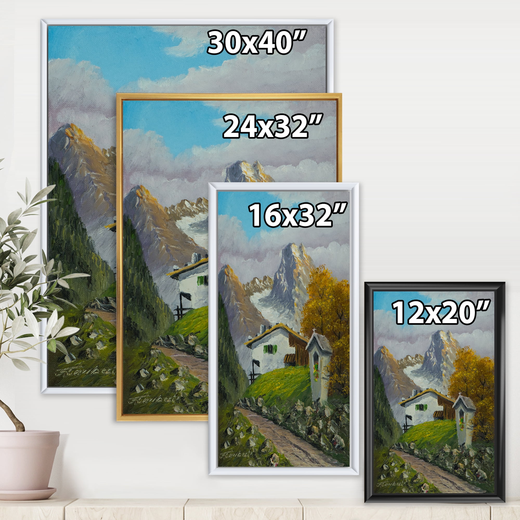 The Path Leading To A House Along Wayside Shrine 16 in x 32 in Framed Painting Canvas Art Print, by Designart