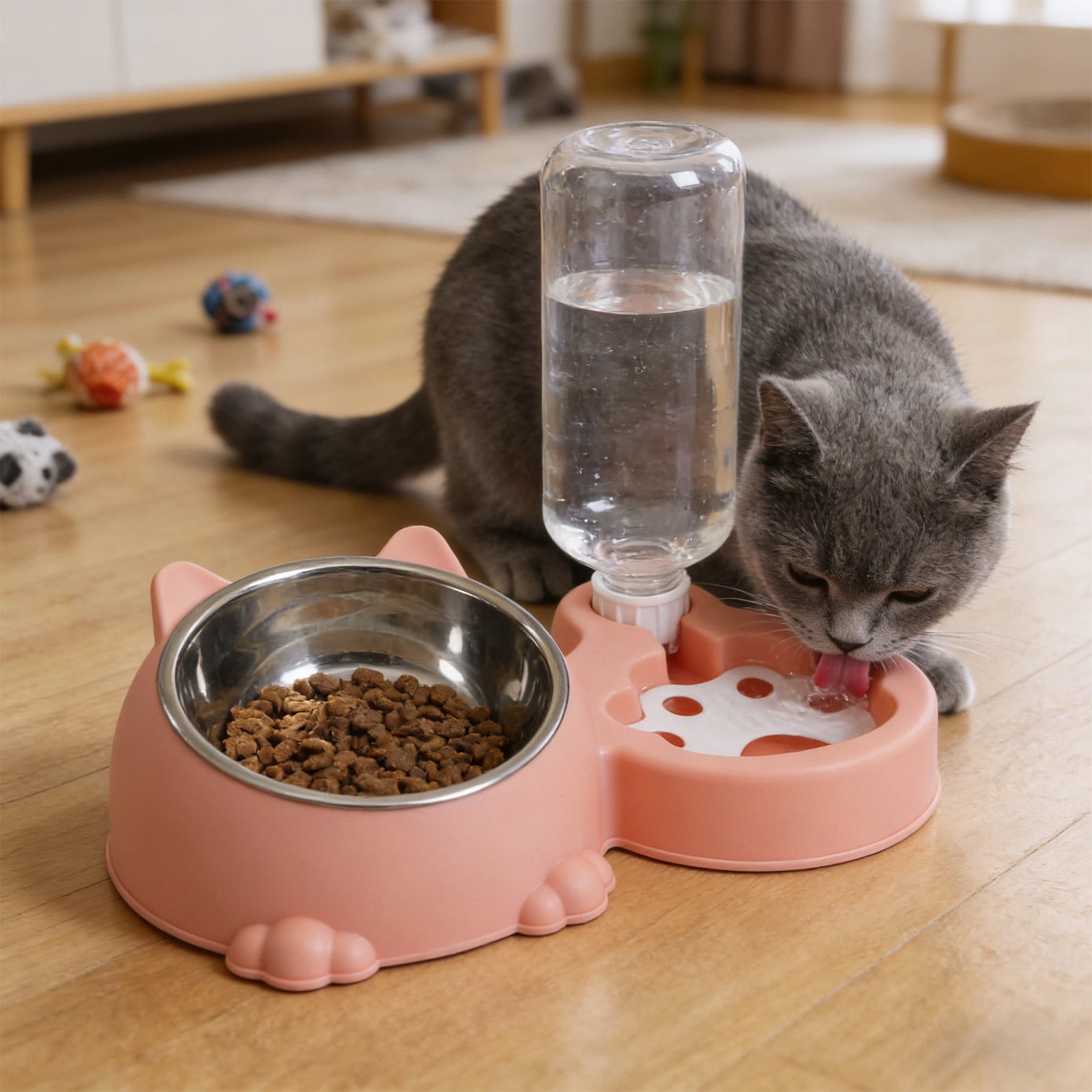 Pink Pet Water And Food Dispenser Pink Stainless Steel Removable Bowl For Cats Dogs Automatic Feeder