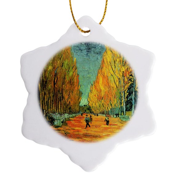 3drose, Aqua N Yellow Framed Van Gogh Landscape, 3 inch Snowflake Porcelain Ornament