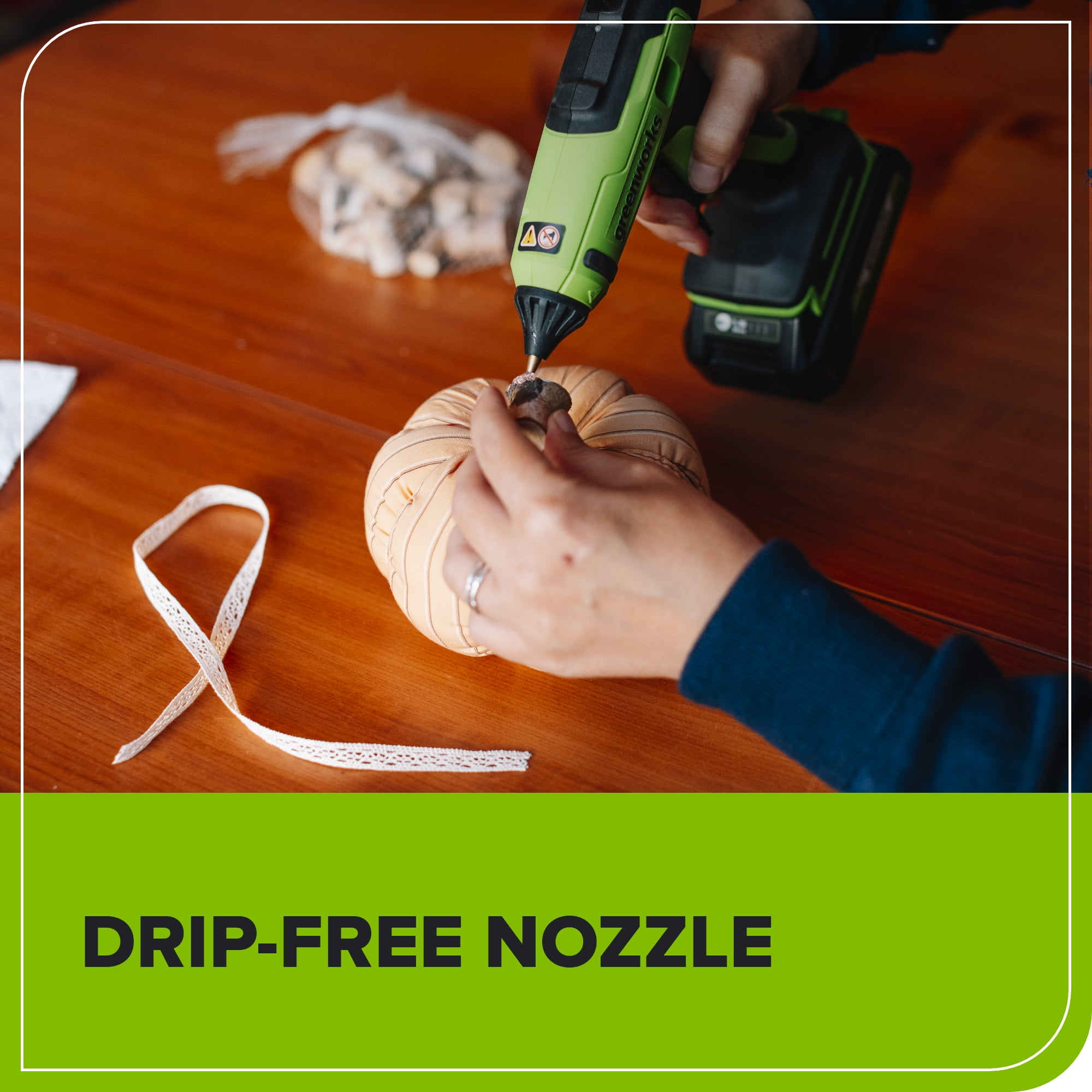 Greenworks 24V Cordless Glue Gun - 1.5min Fast Heating ,LED light, Drip-free nozzle, 100 min Runtime, Auto off for DIY, Arts, Crafts, Home Decoration, , with 2.0Ah Battery & Charger