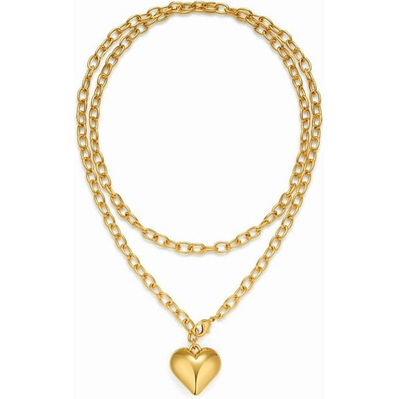 Layered Puffy Heart Necklaces For Women Gold And Silver Plated Heart Pendant Necklace Long Chain Necklace
