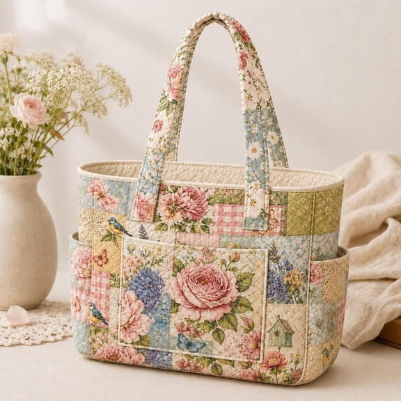 SDENTY Quilted Patchwork Print Tote Bag, 38 x 36 cm Cotton-Polyester Shoulder Handbag for Women, Work, Shopping and Travel