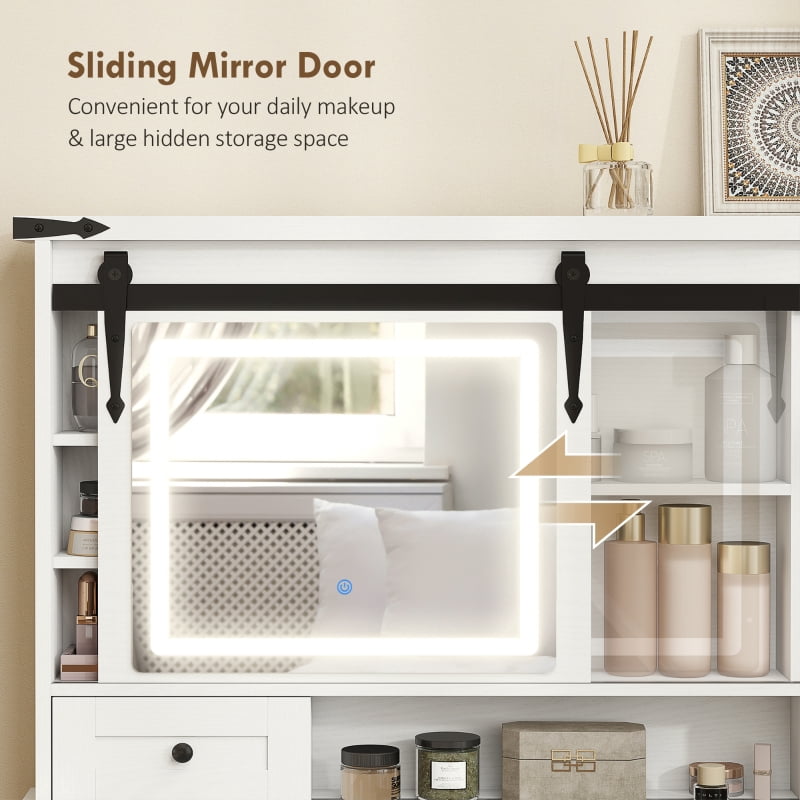 HOQBN Vanity Desk Set with Mirror and Lights, Cushioned Stool, Storage Drawer, Cabinet, and Shelves for Bedroom, White