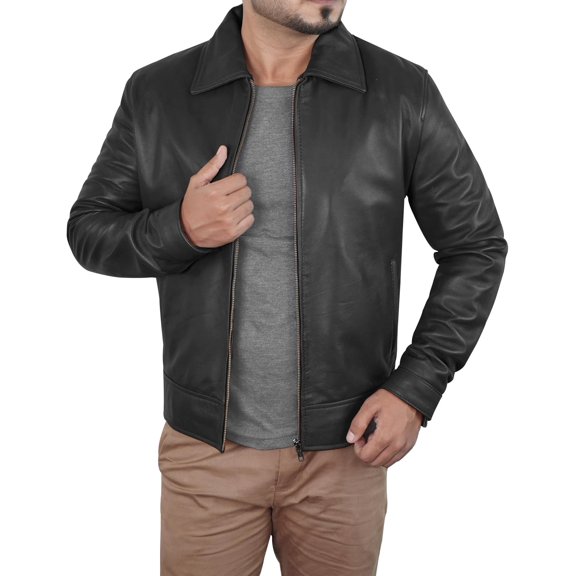Men's Black Leather Vintage Collar Jacket