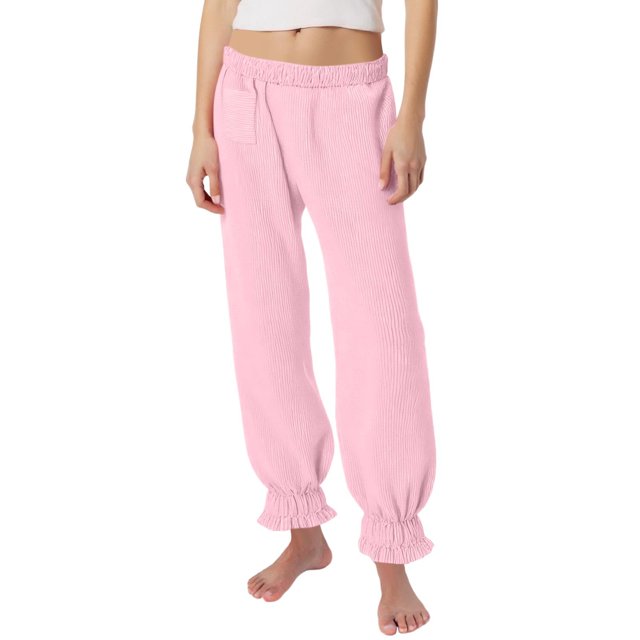 Womens Pajama Pants Elastic Waist Lightweight Striped Loose Fit Cropped Pants With Pockets