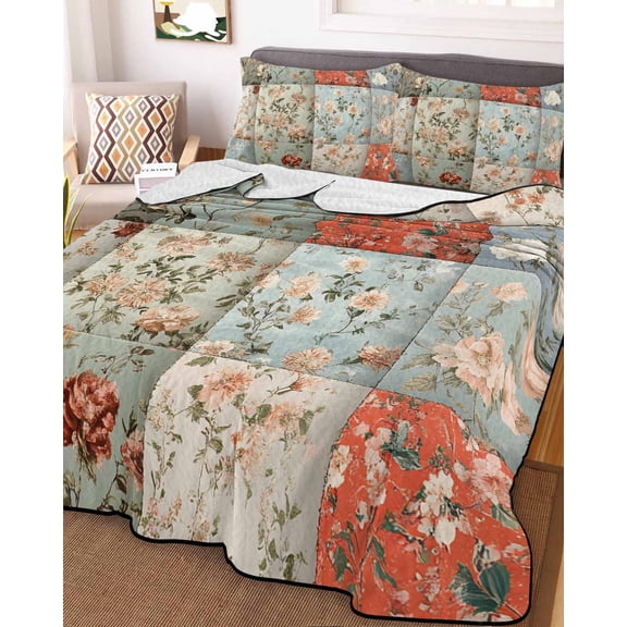 Elegant Spring Floral King Size Down Alternative Comforter, Lightweight Comforter Quilt Bedding Set with Pillow Shams Summer Botanical Farmhouse All Seasons Bed Comforter Duvet Insert 96"x106"