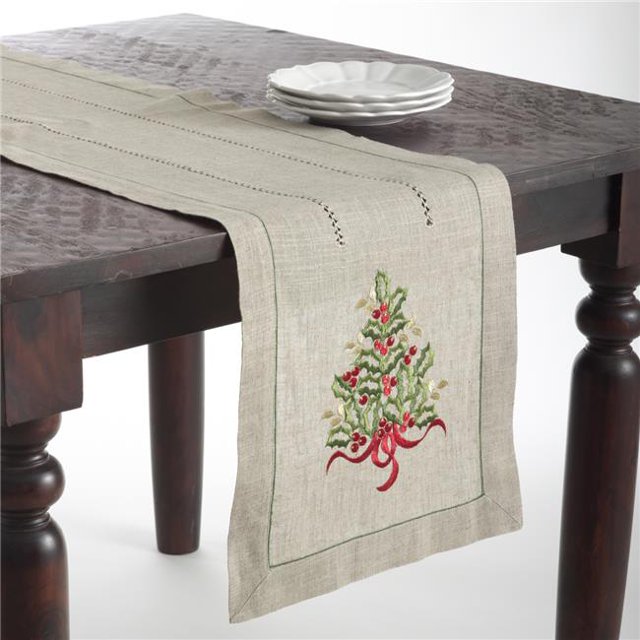 Saro Lifestyle 60041.N16108B Christmas Tree Embroidered Table Runner, Natural