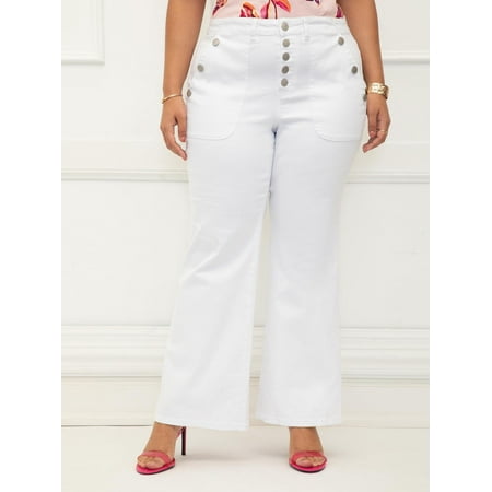 ELOQUII Elements Women's Plus White Flare Leg Button Up Jeans