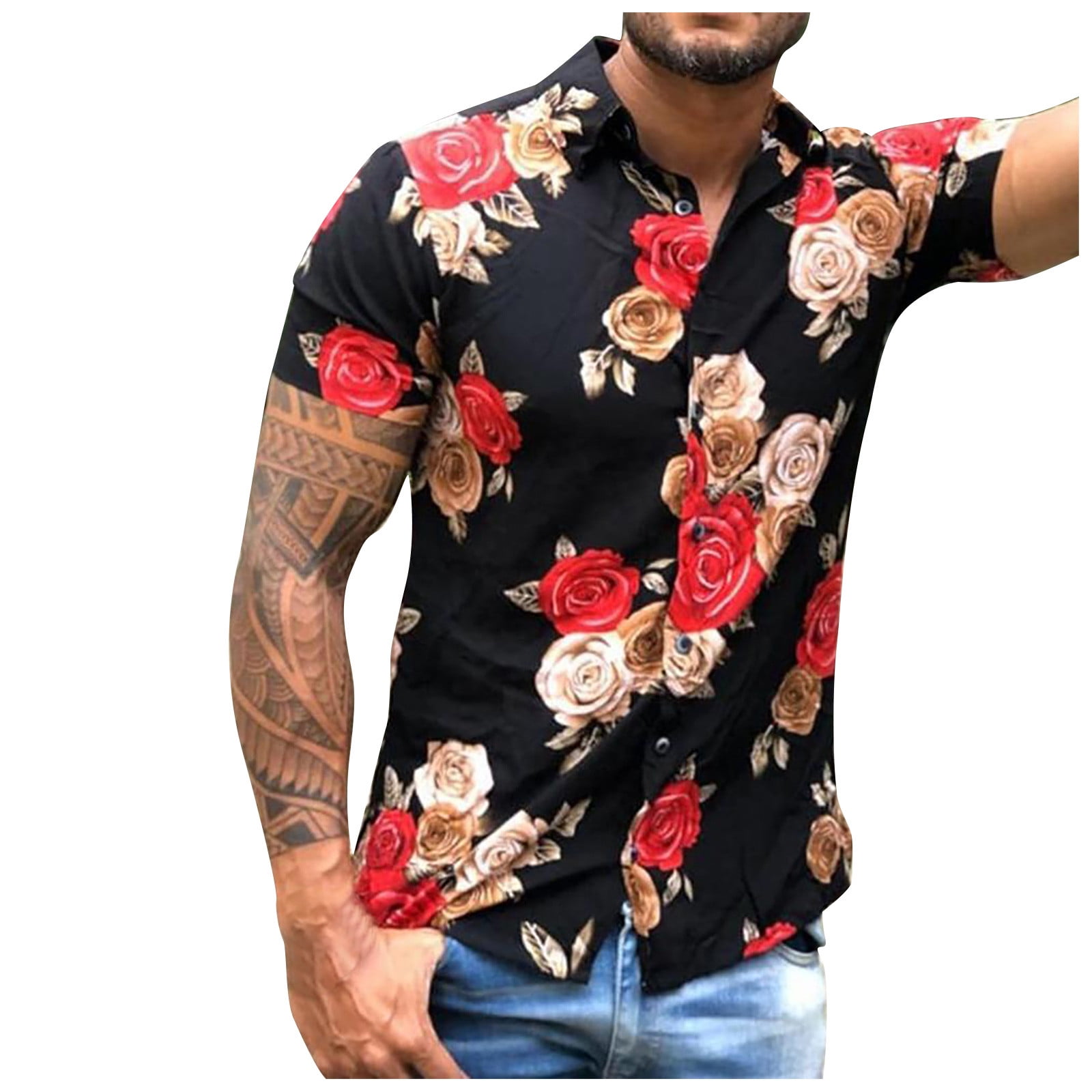 Men Short Sleeve Hawaiian Floral Printed Shirts Loose Aloha Fancy Dress Tops Tee