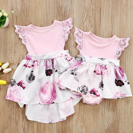 Floral Lace Toddler Kids Girl Newborn Baby Sisters Dress Romper/Sundress (Best Shoes To Wear With Sundress)
