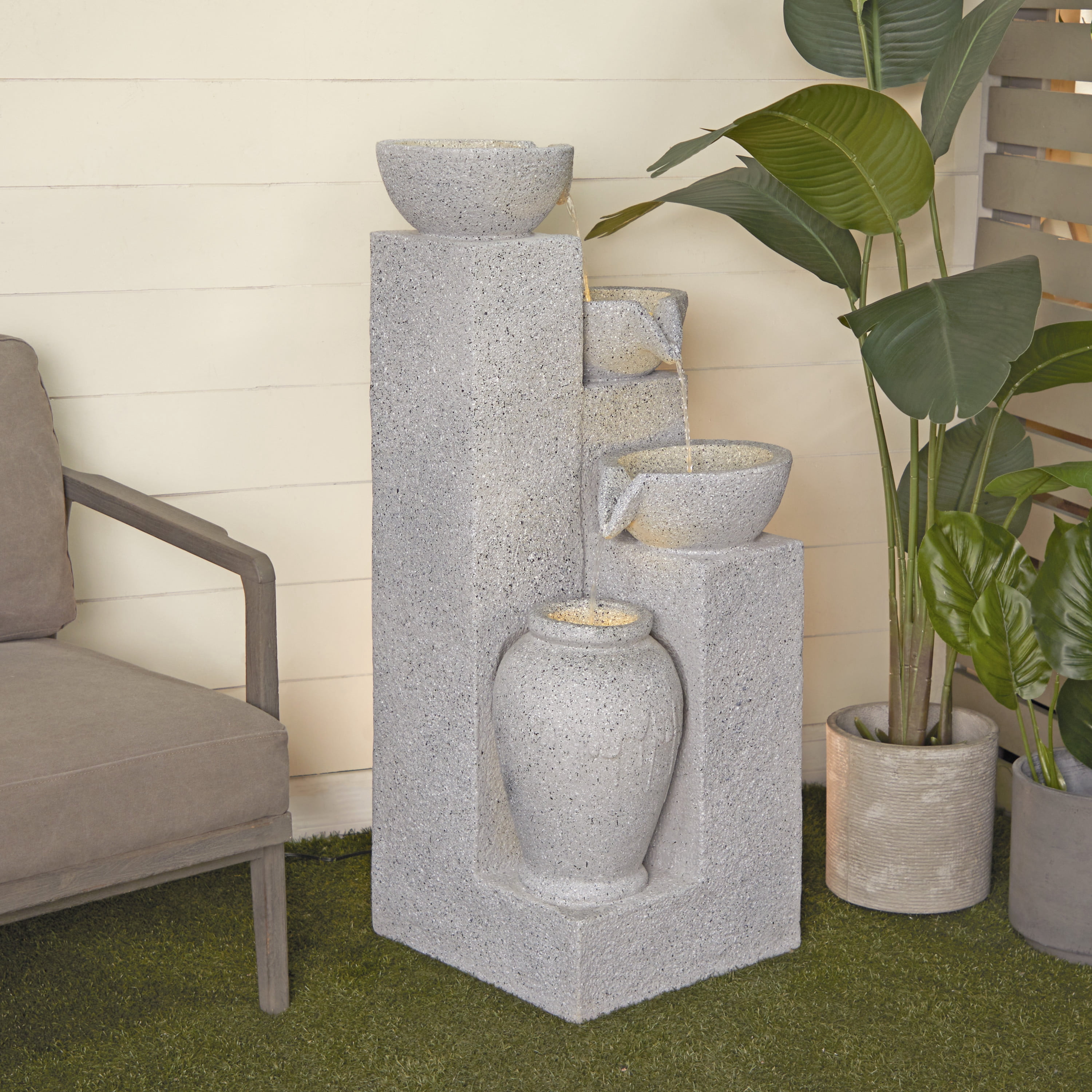 DecMode Light Gray 4 Tier Fountain Indoor Outdoor Decor with LED Light