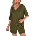 thumbnail image 5 of Women's 2 Piece Summer Outfit Set, Casual Oversized V Neck T-Shirt & High Waisted Biker Shorts, Lounge Wear Shorts Set, Workout Yoga Clothes Army Green XL, 5 of 8