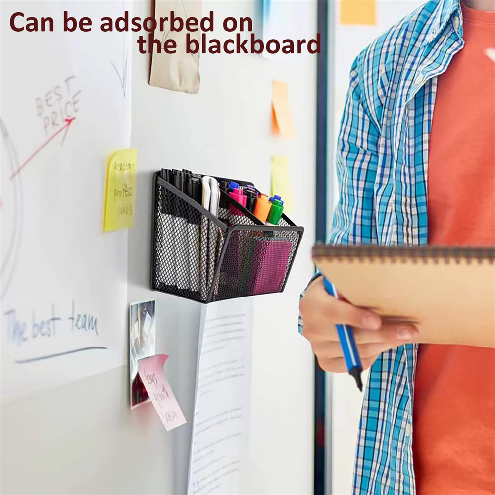 HYG Mesh Metal Magnetic Marker Holder Black Pencil Cup Locker Organizer Accessories Large Metal Pencil Storage Basket for Refrigerator Whiteboard Blackboard 2 Pack