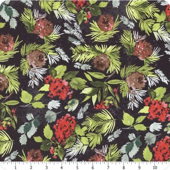 Free Spirit Tim Holtz Christmastime Evergreen Floral Black Cotton Fabric By The Yard
