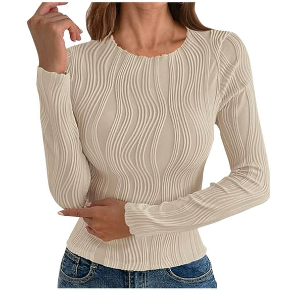 Womens Slimming Fit Basic Tops, Long Sleeve Shirts for Women Fashion Slim Solid Color Ribbed Crewneck T-Shirts Fall Clothes