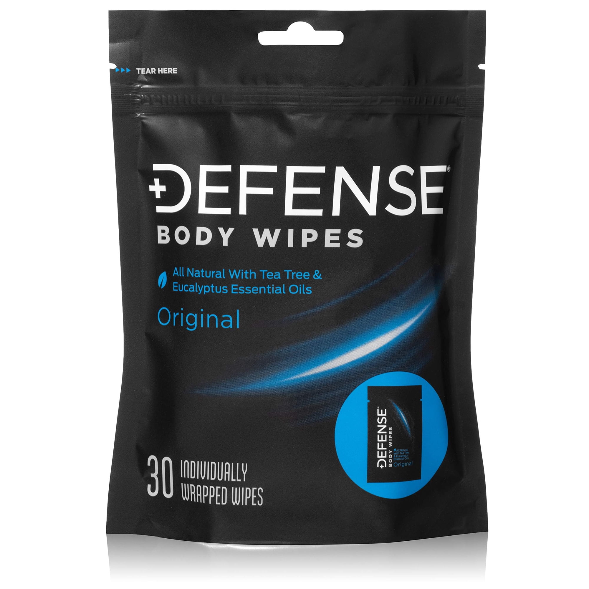 Defense Soap Body Wipes, 30 Individually Packed Travel Wipes - 100% Natural and Pure Pharmaceutical Grade Tea Tree Oil and Eucalyptus Oil