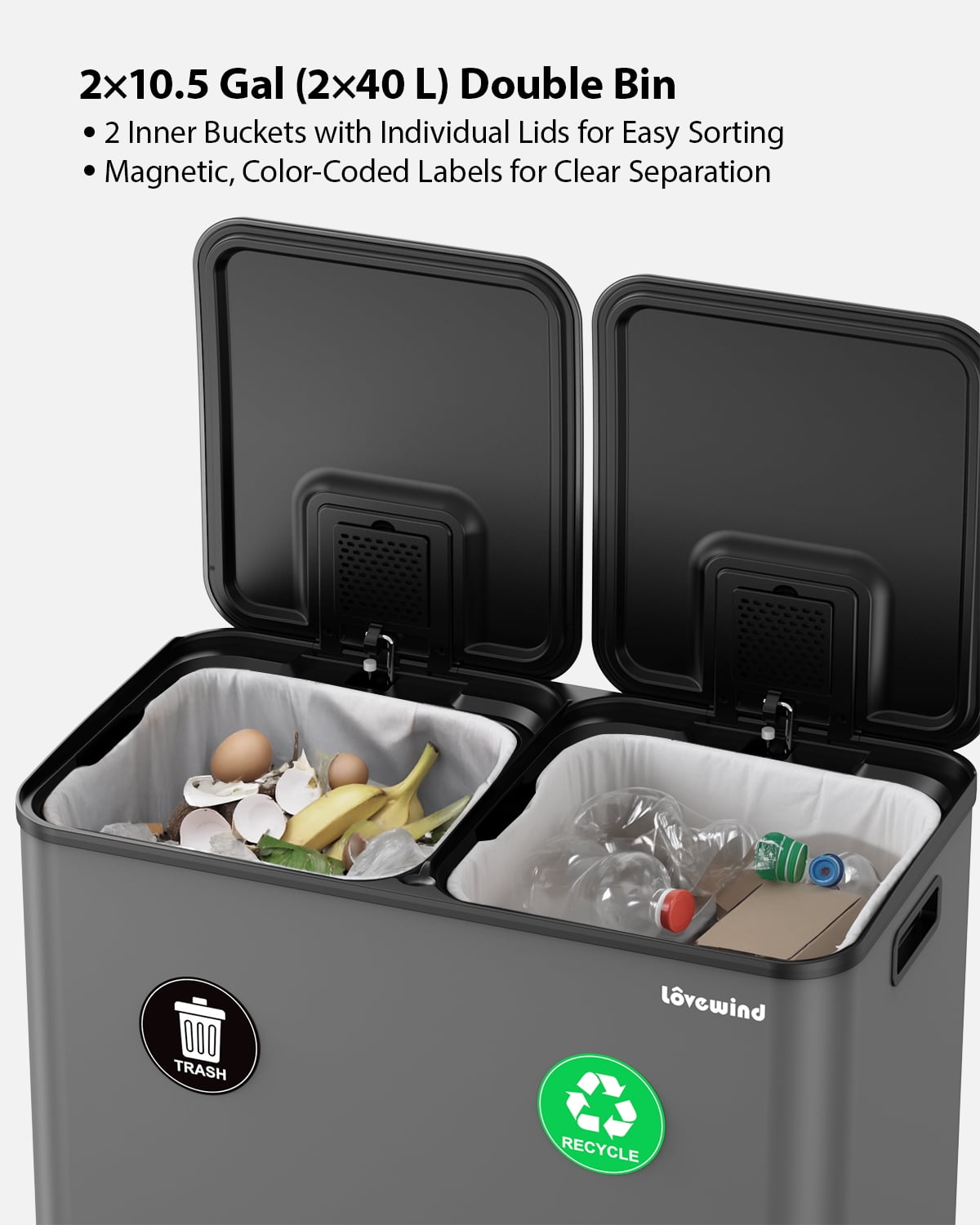 Kitchen Trash Can with Lid, 2 x 10.5 Gallon Garbage Cans for Kitchen, Step Trash Bin, Stainless Steel Trash and Recycle Bin Combo for Kitchen