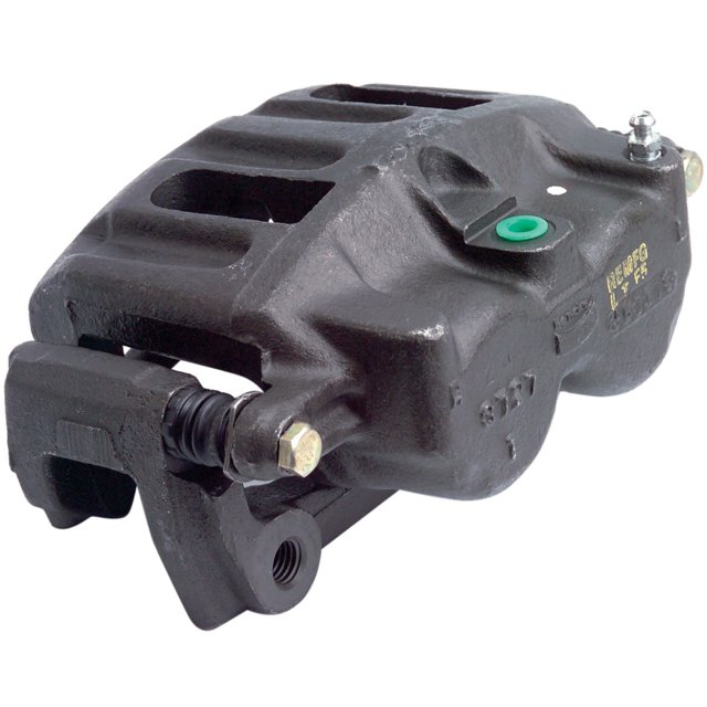 caliper o mordaza lobo 2000 al 2001 ford delantero izquierdo/piloto remanufacturado cardone Caliper delantero izquierdo remanufacturado CARDONE para Ford Lobo 2000-2001, vista frontal en primer plano; cuerpo de fundición gris, orificios para pistones, perno guía y soporte incluidos, kit de herrajes y válvula de purga visibles. Su tamaño compacto lo hace adecuado para reemplazo OEM en el eje delantero.