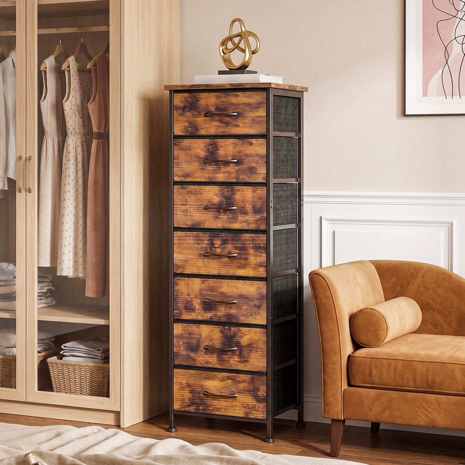 7-Drawer Dresser, Narrow Tall Storage Tower with Wood Top, Steel Frame, Fabric Drawers, Anti-Tip Strap, 47 in High