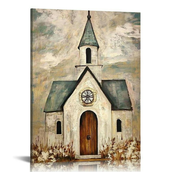 ERAPDAUR Farmhouse Decor Wall Art Country Church Pictures Religious Faith Artwork Rustic Canvas Prints Painting Vintage Encircled Church Poster for Church Living Room Bedroom 12x16 in
