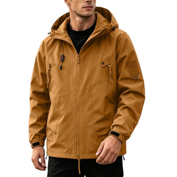 QIYAGBSA Lightweight Waterproof Hooded Jackets for Men Windproof Full Zip Multi Pocket Outdoor Hiking Travel Loose Fit Long Sleeve Spring Fall Coat