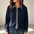 thumbnail image 2 of Fengqque Women’s Denim Collar Button Down Cardigan Sweaters Long Sleeve Cuffed Denim Trim Loose Fit Outerwear Tops Navy Free Size, 2 of 6