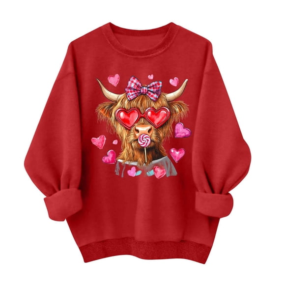 Funny Highland Cow Sweatshirt Valentines Day Cute Animal Graphic Pullover Long Sleeve Crewneck Tops Lollipop Heart Shirt