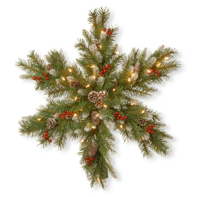 32" Frosted Berry Snowflakes with 50 Warm White Battery Operated LED Lights with Timer