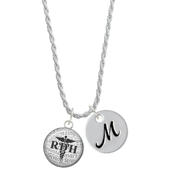 Delight Jewelry Silvertone Domed Black RDH Silvertone Script Initial Disc - M - Charm Necklace, 20"+3"