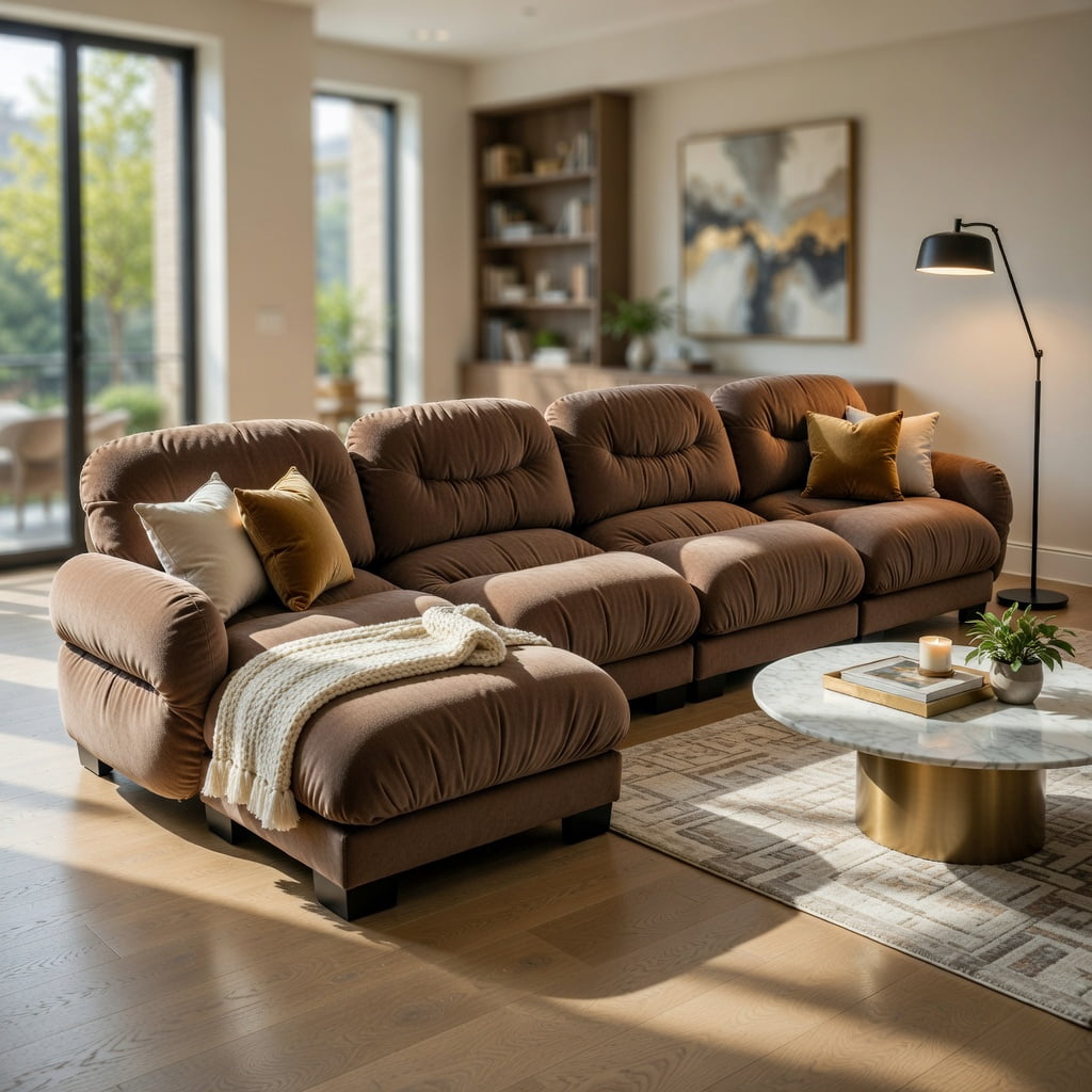 Hommoo Chenille 4-Piece L-Shaped Modular Sectional Sofa Set with Ottoman, Ergonomic High-Density Foam Cushions, Pleated Back Design & 2 Round Throw Pillows, Brown