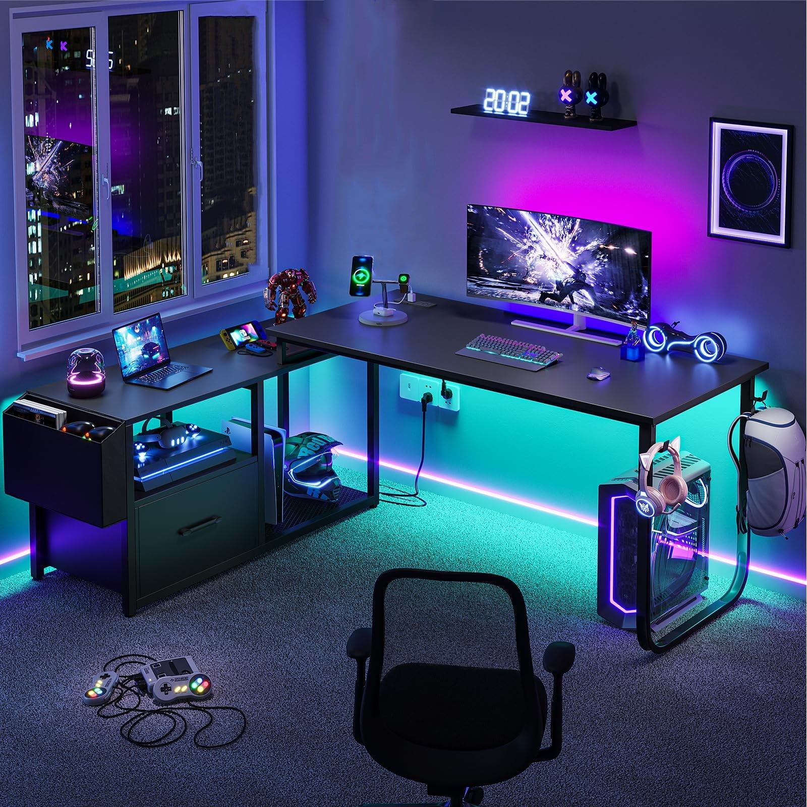 L Shaped Desk with LED Light and Power Outlet, Reversible Corner Office