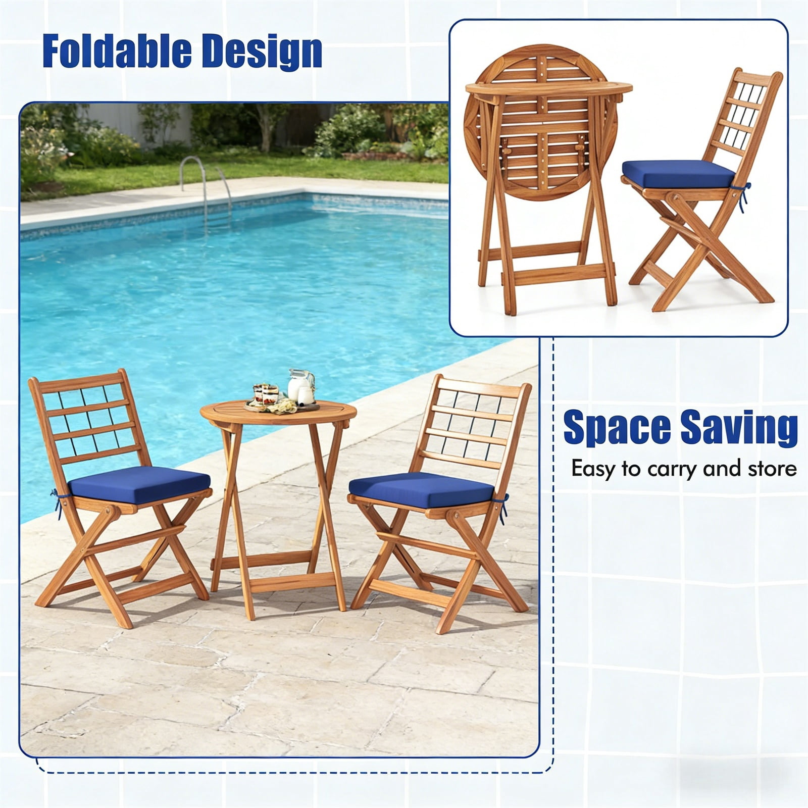 Hommoo 3 Pcs Acacia Wood Patio Bistro Set, Outdoor Folding Table and Chair Set with Navy Cushions