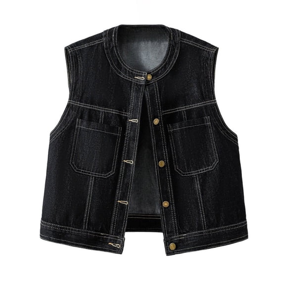 Denim Vests for Women Crew Neck Button Front Jean Waistcoat Casual Sleeveless Outwear Jakcets Dark Blue 3XL