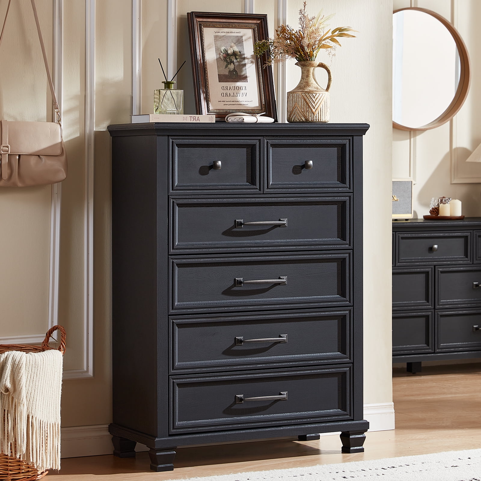 LELELINKY 6 Drawer Vertical Dresser for Bedroom, Modern Chest of Drawers Wood Storage Cabinet for Living Room, Black